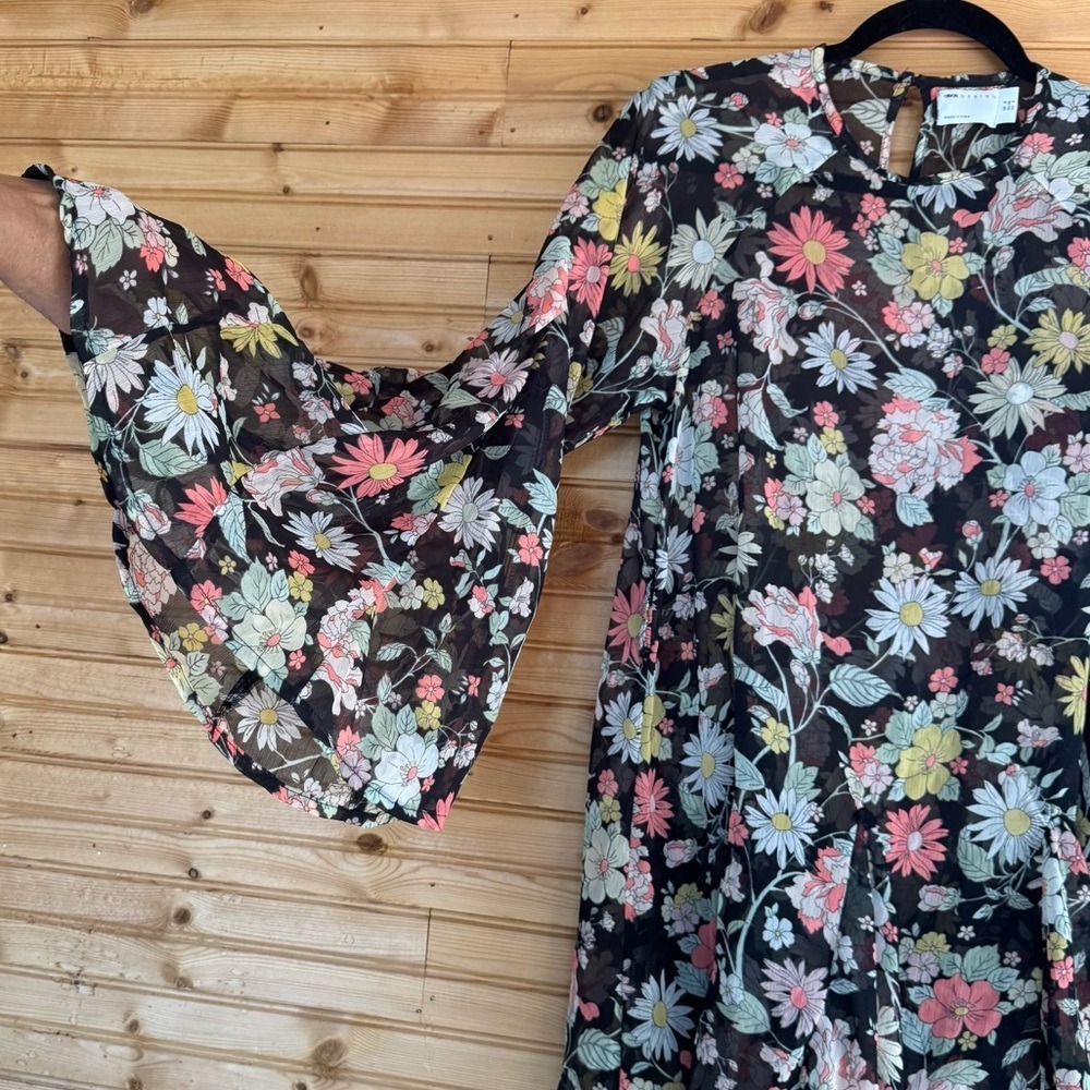 Asos Bell Sleeve Mini Skater Dress Black Floral Women's 4 Festival Boho Hippie